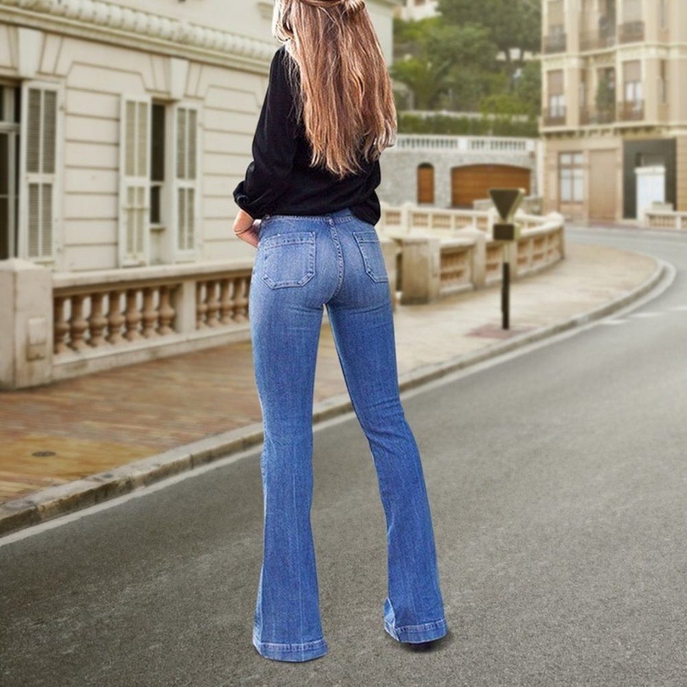Flare Jeans Pants Women Thin Vintage Denim Ladies High Waist Stretch Pocket